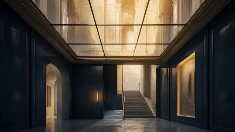 Illustration du plafond de verre : une architecture sombre sous une verrière lumineuse